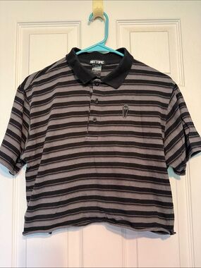 Hot Topic Black and Gray Striped Cropped Polo Shirt